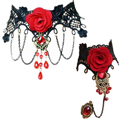 JinYu Gotisch Choker Halskette Armbänder Schmuck Halsband Ketten Victorian Steampunk Retro Zahnräder Spitze Vampir Slave Armband für Halloween Ostern Lolita Spitze Schwarz Rot Geschenk von JinYu