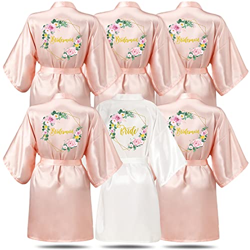 6 Set Braut Braut Brautjungfer Bademäntel Damen Floral Satin Kimono Robe Braut Morgenmäntel Nachtwäsche für Hochzeit Party Getting Ready, Weiß / Pink, Einheitsgröße von Jinei