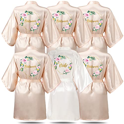 6 Set Braut Brautjungfer Roben Damen Floral Satin Kimono Robe Braut Morgenmäntel Nachtwäsche für Hochzeit Party Getting Ready, Weiß, Champagner, Braut, Einheitsgröße von Jinei