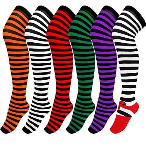 Jinei 6 Paar Halloween Hexe Socken Gestreift Kniehohe Oberschenkel Hohe Strümpfe Gestreift über dem Knie Hexen Socken Frauen Orange Schwarz Grün Weiß Rot Lila Strümpfe für Cosplay Party Kostüme, Wie von Jinei