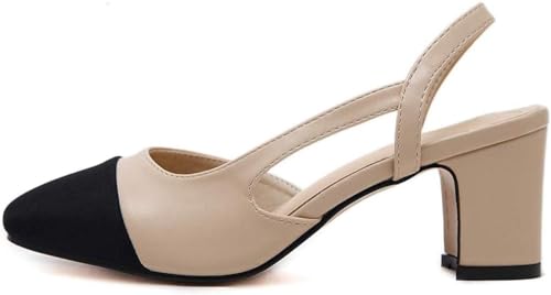 Damen Slingback Pumps geschlossene runde Zehe Blockabsatz zweifarbige lässige klobige Absätze Büroschuhe(Size:38,Color:Beige heels 6.5cm) von JingNian
