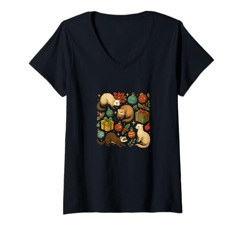 Damen Frettchen Weihnachtsmuster mit Geschenken Ornamenten T-Shirt mit V-Ausschnitt Damen Frettchen Weihnachtsmuster mit Geschenken Ornamenten T-Shirt mit V-Ausschnitt von Jingle Paws Emporium