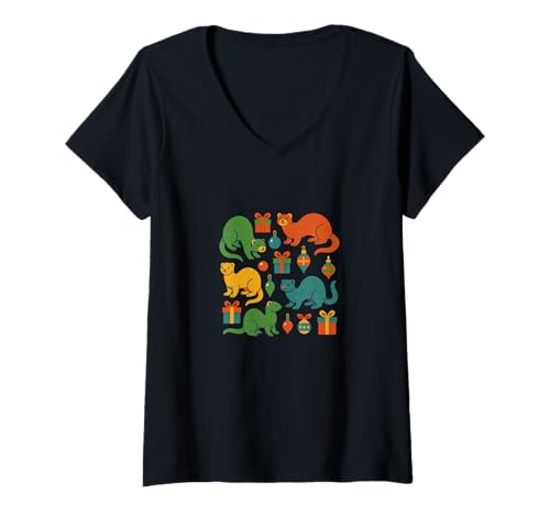 Damen Frettchen Weihnachtsmuster mit Geschenken Ornamenten T-Shirt mit V-Ausschnitt Damen Frettchen Weihnachtsmuster mit Geschenken Ornamenten T-Shirt mit V-Ausschnitt von Jingle Paws Emporiums