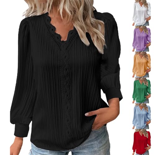 Blitzangebote Tshirt Damen Sommer Solid Casual Loose Oberteil Sommer Große Größen Shirt, Spitze, Patchwork, V-Ausschnitt, Lange Ärmel, Bluse, Lockere Freizeit-T-Shirts Pullove Schnäppchen Angebote von Jingmcdy