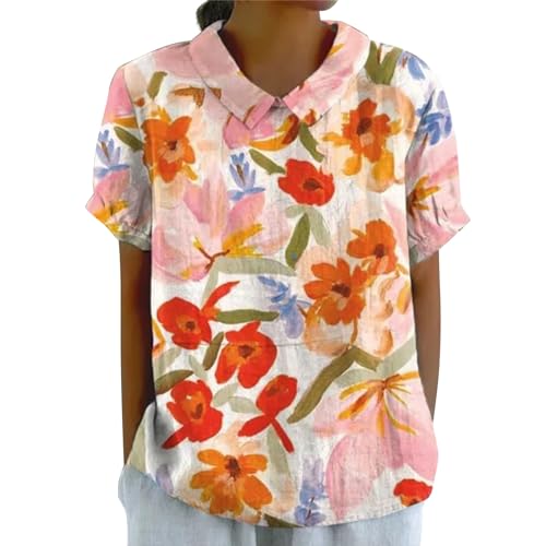 Jingmcdy Damen Leinenbluse Art Floral Rundhals Lose Pullover Top Freizeithemd T-Shirt Tshirt Rundhals 2024 Button-Down Kurzarm, Sommer Herbst Duftend Damen Pullover Sale Angebote von Jingmcdy