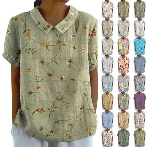 Jingmcdy Damen Longshirt Grün Leinenbluse Art Floral Lose Pullover Top Freizeithemd T-Shirt Tshirt Rundhals 2024 Button-Down Kurzarm, Sommer Herbst Duftend Bluse Bunt Damen Sale von Jingmcdy