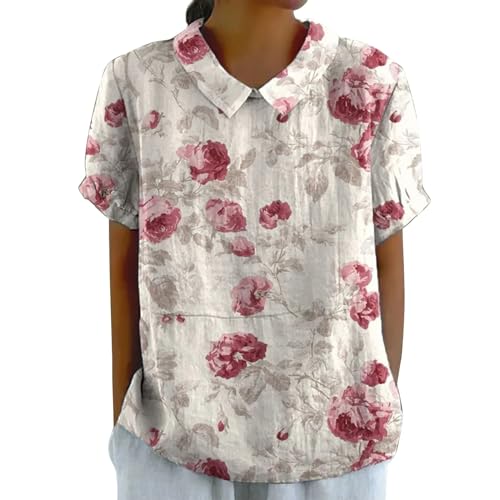 Kurzarm Shirt Damen Sale Leinenbluse Damen Art Floral Rundhals Lose Pullover Top Freizeithemd T-Shirt Tshirt Damen Rundhals 2024 Button-Down Kurzarm, Sommer Herbst Duftende Han Karneval Bluse Damen von Jingmcdy