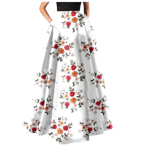 Sale Tüllrock Frauen Maxikleid Damen Sommer Freizeit Mode Lang Rock, Langes Kleid Damen Elegant, Damen-Rock Mit Blumendruck, Hohe Taille, Party-/Strand-Tasche, Langer Maxirock Sale Bunter Maxirock von Jingmcdy