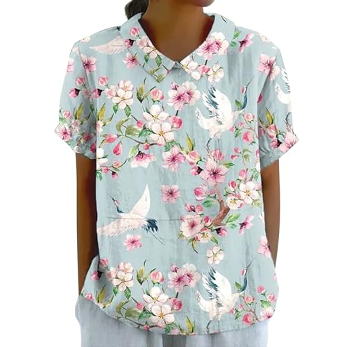 Tshirt Weiß Damen Sale Leinenbluse Damen Art Floral Rundhals Lose Pullover Top Freizeithemd T-Shirt Tshirt Damen Rundhals 2024 Button-Down Kurzarm, Sommer Herbst Duftende Hanf Shirt Lang Damen Sale von Jingmcdy
