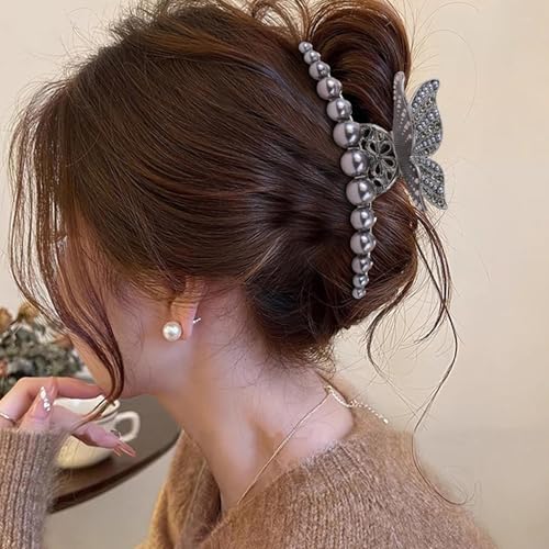 Haarspangen aus Perlen, Haarspange aus Metall mit grauen Perlen und Haarspange in Hai-Form, Haarspange für Damen, rutschfest, Haarspange, für Damen, Mädchen, dickes Haar von Jingmiger