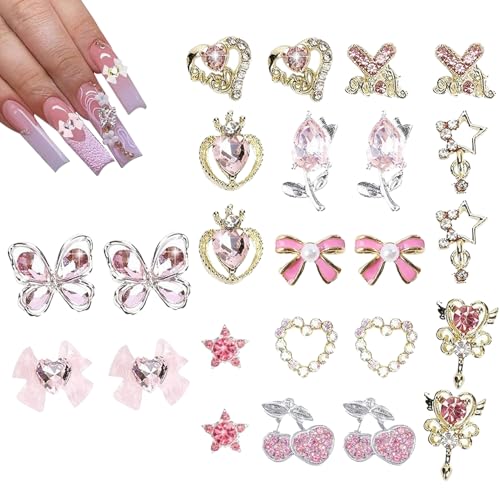 Nagel Charm - 3D Maniküre Nagelschmuck für Mädchen | Strasssteine Anhänger Kirschblüten Sterne Herz Schmetterlinge Zubehör Für Nagelstudio & Anfänger Zum Gestalten Stilvoller Maniküre von Jingmiger