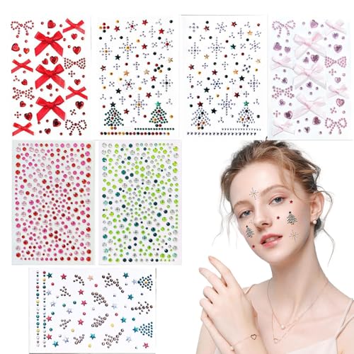 Weihnachtsschmuck zum Aufkleben im Gesicht,Weihnachts-Strass-Gesichtsaufkleber | 7 Blatt Makeup Bling Stick | Cosplay Gesicht Juwelen Kostüm Weihnachtsbaum Schleife Gesicht Edelsteine ​​Stick Strass A von Jingmiger