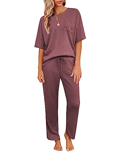 JiniGolla Damen-Pyjama-Set, Waffelstrick, kurzärmelig, Hemd mit langer Pyjamahose, weiche Nachtwäsche, Pyjama, Lounge-Sets, Rot, M von JiniGolla