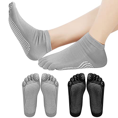 Jinlaili 2 Paar Yoga Socken Rutschfeste für Damen Herren, Anti-Rutsch-Socken Rutschsocken Stopppersocken mit Zehen, Baumwolle Antirutsch Sportsocken für Pilates Gymnastik Barre Ballett Tanz, EU 37-42 von Jinlaili