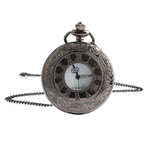 Jinpojun Vintage Taschenuhr mit Kette, Retro Quarz Taschenuhr, Römische Ziffern Taschenuhr für Männer Frauen Vater Opa Geburtstag Jahrestag (Schwarz) von Jinpojun