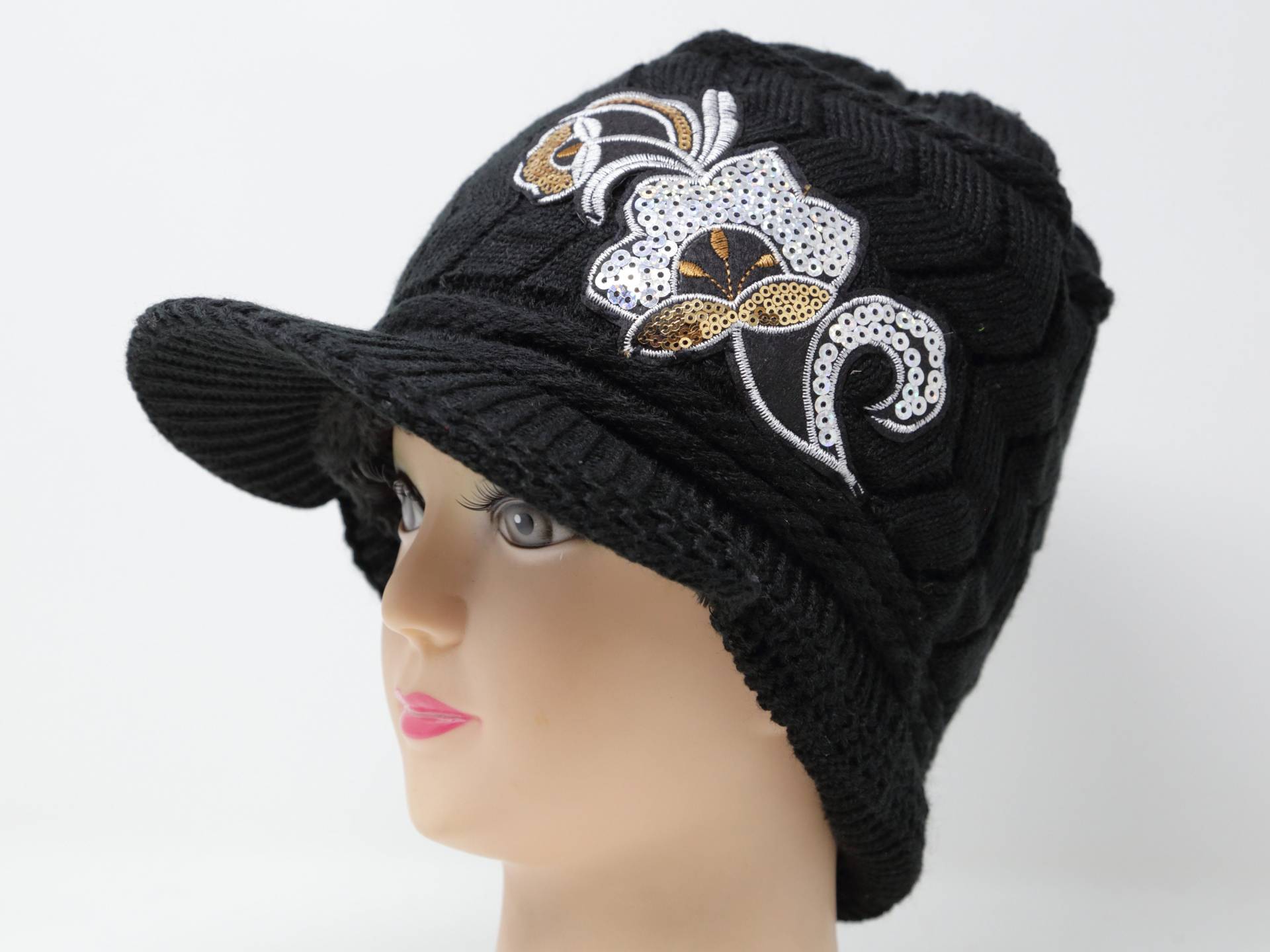 Damen Große Weiße Blume Design Visier Winter Beanie Totenkopf Mütze Schwarz Glänzend Blink Dickes Warmes Fell Futter von JinsArtCorner