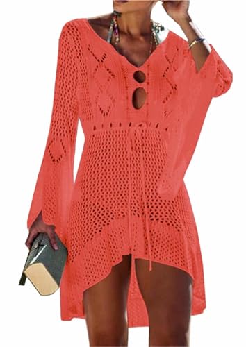 Jinsha-Bikini Cover-Up Pareos-Strandponcho Strandkleider-Gestrickte Damen-Sommer - Beach Swimwear Badeanzug Kurze Dress Sexy Mode Boho Elegant Festival Outfit Bikini & Strandkleider für Damen Orange von Jinsha