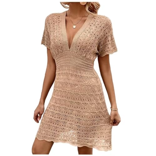 Jinsha Damen Sommer Strandkleider Strickpullover T-Shirt Dress Sexy Beach Bikini Poncho Pareos Cover Up Tunika Mode Kurze Lang Gestrickte Swimwear Badeanzug Boho Elegant Strandkleider für Damen(Beige von Jinsha