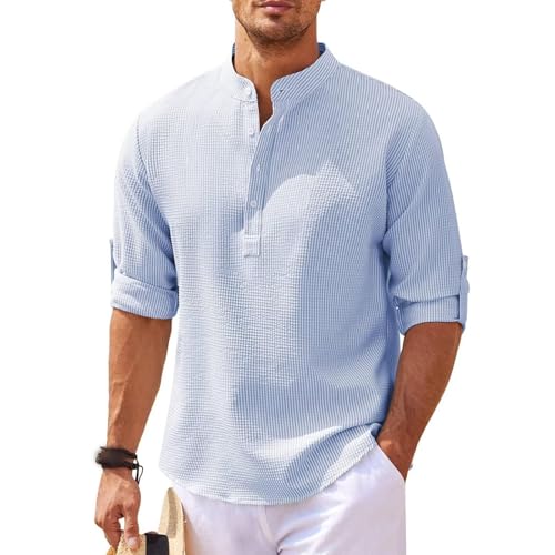 Jinsha Henley Shirt Herren Langarm Elegant Stehkragen Hemd Waffler T Shirts für Männer Freizeithemden Strandhemd Blau M von Jinsha