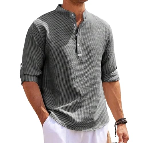 Jinsha Henley Shirt Herren Langarm Elegant Stehkragen Hemd Waffler T Shirts für Männer Freizeithemden Strandhemd Grau L von Jinsha