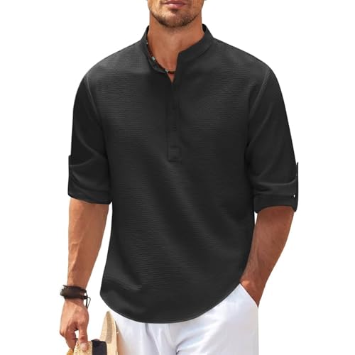 Jinsha Henley Shirt Herren Langarm Elegant Stehkragen Hemd Waffler T Shirts für Männer Freizeithemden Strandhemd Schwarz XL von Jinsha