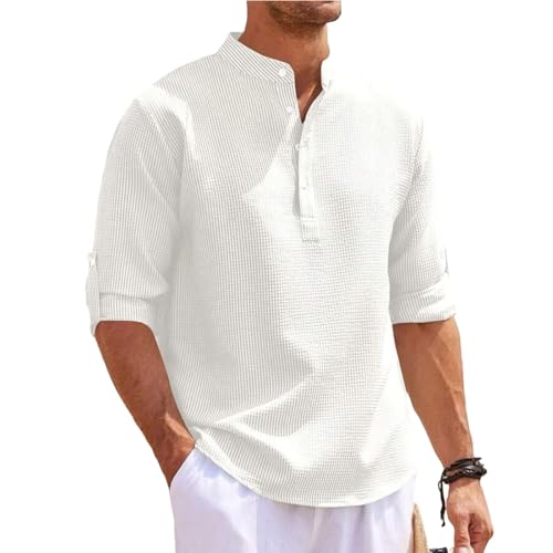 Jinsha Henley Shirt Herren Langarm Elegant Stehkragen Hemd Waffler T Shirts für Männer Freizeithemden Strandhemd Weiß XL von Jinsha