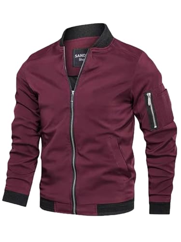 Jinsha Herren Leichte-Dünne Bomberjacke-Klassische Stehkragen Jacke Outdoor Sportjacke Reißverschluss Freizeit Lässige Winddichte Fliegerjacke Frühling Sommer Herbst Blouson Übergangsjacke Weinrot L von Jinsha
