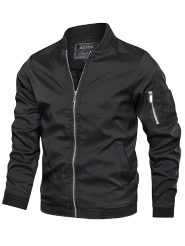 Jinsha Herren Leichte-Dünne Bomberjacke-Klassische Stehkragen Jacke Outdoor Sportjacke Reißverschluss Freizeit Lässige Winddichte Fliegerjacke Frühling Sommer Herbst Blouson Übergangsjacke Schwarz XS von Jinsha
