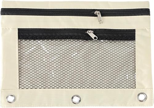 1 x beigefarbenes Federmäppchen für 3-Ringordner, Binder-Federmäppchen mit glattem Reißverschluss, transparentes Fenster, großes Fassungsvermögen, 3-Ringbuch-Bleistifttasche mit 3 verstärkten Ösen, von Jinshining