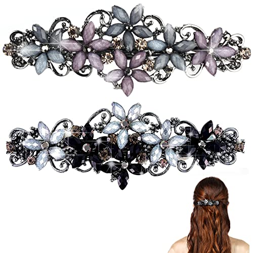 2 Stück Elegante Haarspangen für Damen, Exquisite Blumen Haarklammer, Strass Haarspangen MäDchen Glitzer Kristall Hair Clips, Vintage Haarklammer Haarschmuck (Schwarz&Grau/Rosa&Dunkelblau Blume) von Jinsion