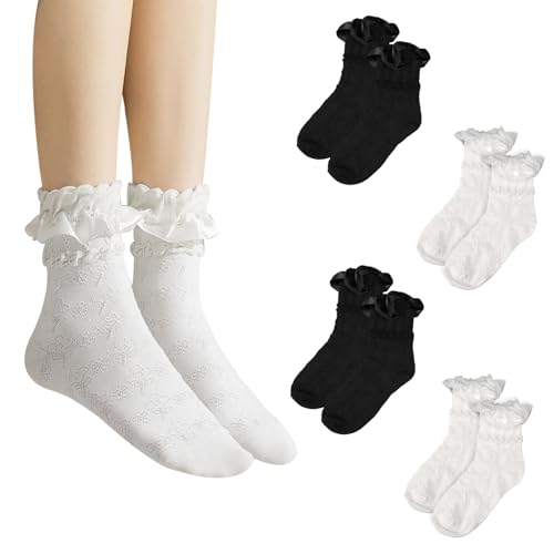 Jinsion 4 Paar Spitzensocken für Damen, Rüschensocken Prinzessin Socken, Rüschen Socken, Damensocken mit Rüschen, Süße Spitzen, Rüschensocken Weiche Atmungsaktive, Lace Socks (Weiß und Schwarz) von Jinsion