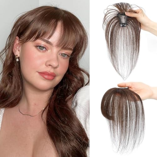 JinweiS Clip in Pony Haar Clip auf Pony für Frauen 100% Menschliches Haar Wispy Pony Pony Air Pony mit Tempeln Haarteile für Frauen Gebogenes Pony für tägliche Partykleidung, Dunkelbraun von JinweiS