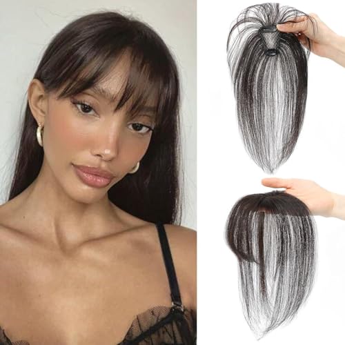 JinweiS Clip in Pony Haar Clip auf Pony für Frauen 100% Menschliches Haar Wispy Pony Pony Air Pony mit Tempeln Haarteile für Frauen Gebogenes Pony für tägliche Partykleidung, Schwarz Braun von JinweiS