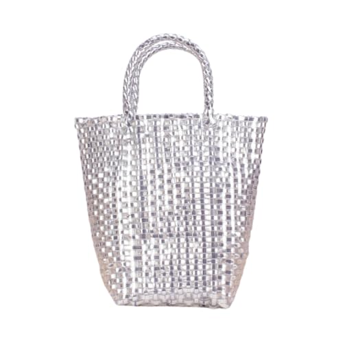 JinweiS Damen Strohtasche mit großem Fassungsvermögen, Schultertasche für Sommer, Strandurlaub, schickes Webdesign, 14 x 13 x 23 cm, silberfarben von JinweiS