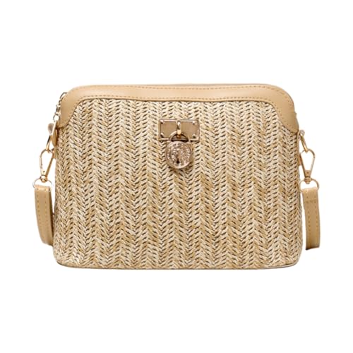JinweiS Damen Strohtasche mit großem Fassungsvermögen, Schultertasche für Sommer, Strandurlaub, schickes Webdesign, 23 x 11 x 17 cm, Khaki D von JinweiS