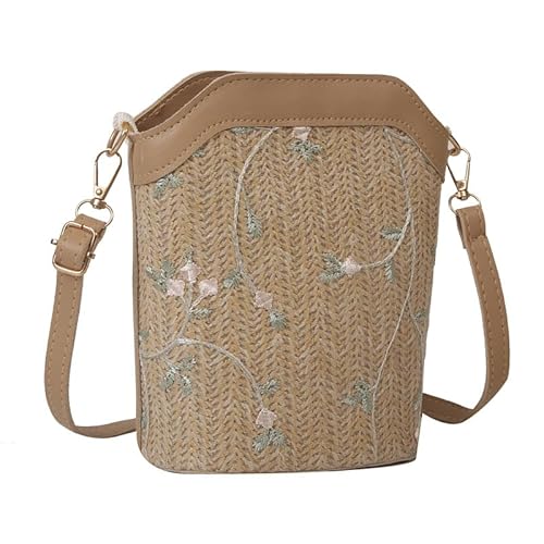 JinweiS Damen Strohtasche mit großer Kapazität, Schultertasche für Sommer, Strandurlaub, schickes Webdesign, 15 x 9,5 x 20 cm, Khaki von JinweiS
