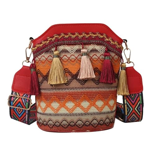 JinweiS Damen Strohtasche mit großer Kapazität, Schultertasche für Sommer, Strandurlaub, schickes Webdesign, 15 x 9,5 x 20 cm, Rot von JinweiS