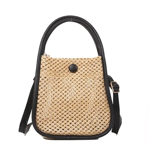 JinweiS Damen Strohtasche mit großer Kapazität, Schultertasche für Sommer, Strandurlaub, schickes Webdesign, 17 x 10 x 17 cm, Schwarz von JinweiS