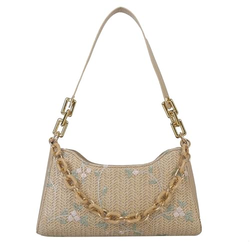 JinweiS Damen Strohtasche mit großer Kapazität, Schultertasche für Sommer, Strandurlaub, schickes Webdesign, 26 x 6,5 x 15 cm, Khaki H von JinweiS
