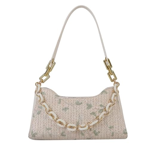 JinweiS Damen Strohtasche mit großer Kapazität, Schultertasche für Sommer, Strandurlaub, schickes Webdesign, 26 x 6,5 x 15 cm, Weiß, H von JinweiS