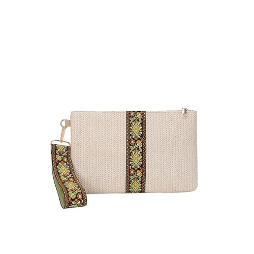 JinweiS Damen Strohtasche mit großer Kapazität, Schultertasche für Sommer, Strandurlaub, schickes Webdesign, 27 x 3 x 18 cm, Grün / Weiß von JinweiS