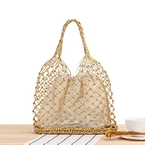 JinweiS Damen Strohtasche mit großer Kapazität, Schultertasche für Sommer, Strandurlaub, schickes Webdesign, 28 x 13 x 20 cm, Gold von JinweiS