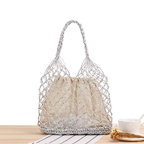 JinweiS Damen Strohtasche mit großer Kapazität, Schultertasche für Sommer, Strandurlaub, schickes Webdesign, 28 x 13 x 20 cm, silberfarben JinweiS Damen Strohtasche mit großer Kapazität, Schultertasche für Sommer, Strandurlaub, schickes Webdesign, 28 x 13 x 20 cm, silberfarben von JinweiS