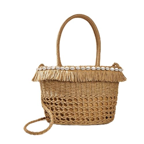 JinweiS Damen Strohtasche mit großer Kapazität, Schultertasche für Sommer, Strandurlaub, schickes Webdesign, 37 x 5 x 22 cm, Khaki von JinweiS