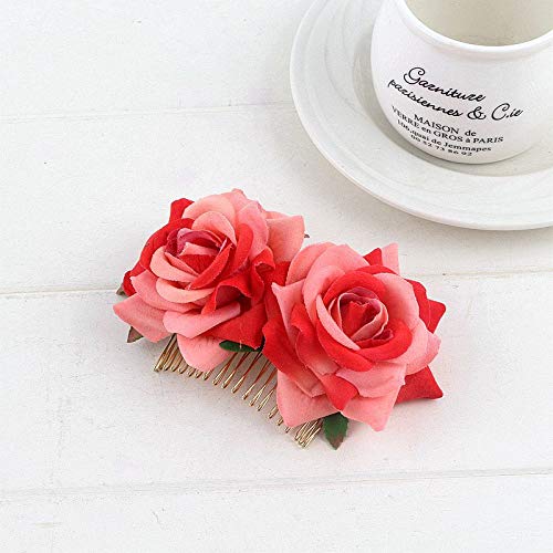 JinweiS Haarkämme mit Rosenblüten, 2 Stück, für Damen, Hochzeits-Haarschmuck, Flamenco-Tänzerin (Hellrot) von JinweiS