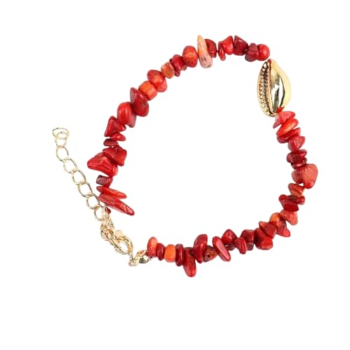 JinweiS Handgefertigtes Perlenarmband, geeignet für Männer und Frauen, Naturstein Conch Shell Gold Armband, Ocean Style Handgefertigtes Steinarmband Verstellbar (Rot) 02 von JinweiS