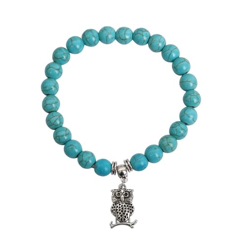 JinweiS Handgefertigtes Perlenarmband, geeignet für Männer und Frauen, Tiermuster-Anhänger, Naturstein-Perlenarmband (Blau, Ast Eule Anhänger) von JinweiS