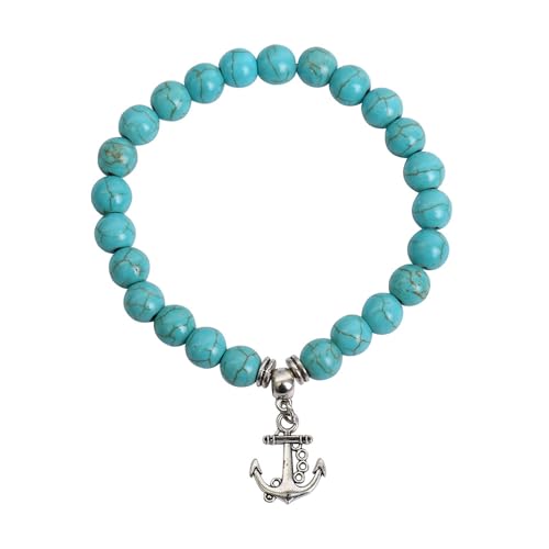 JinweiS Handgefertigtes Perlenarmband, geeignet für Männer und Frauen, Tiermuster-Anhänger, Naturstein-Perlenarmband (blau, Anker-Eisenring-Anhänger) von JinweiS