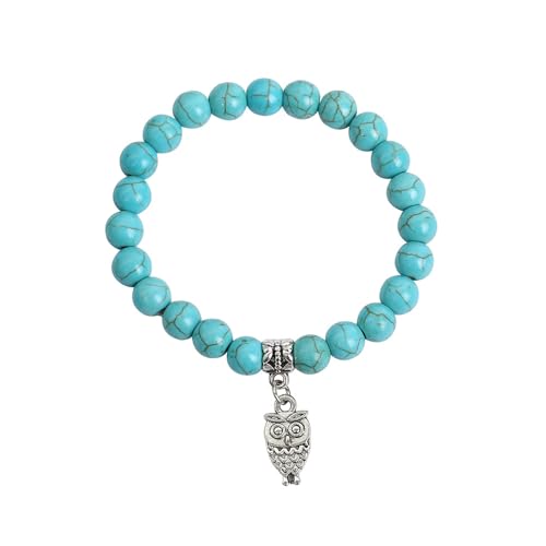 JinweiS Handgefertigtes Perlenarmband, geeignet für Männer und Frauen, Tiermuster-Anhänger, Naturstein-Perlenarmband (blau, Eulen-Anhänger) von JinweiS