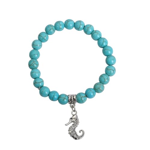JinweiS Handgefertigtes Perlenarmband, geeignet für Männer und Frauen, Tiermuster-Anhänger, Naturstein-Perlenarmband (blau, Hippocampus-Anhänger) von JinweiS